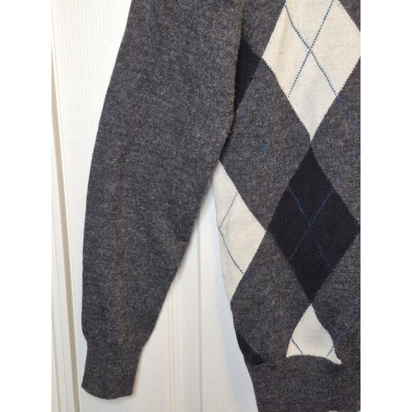 Club Room Grey, White, Black Argyle Sweater Men's Small Wool Blend Pullover - Picture 4 of 8